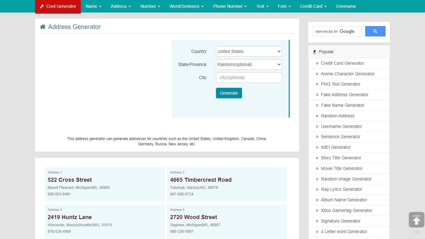 Address Generator | Cool Generator List